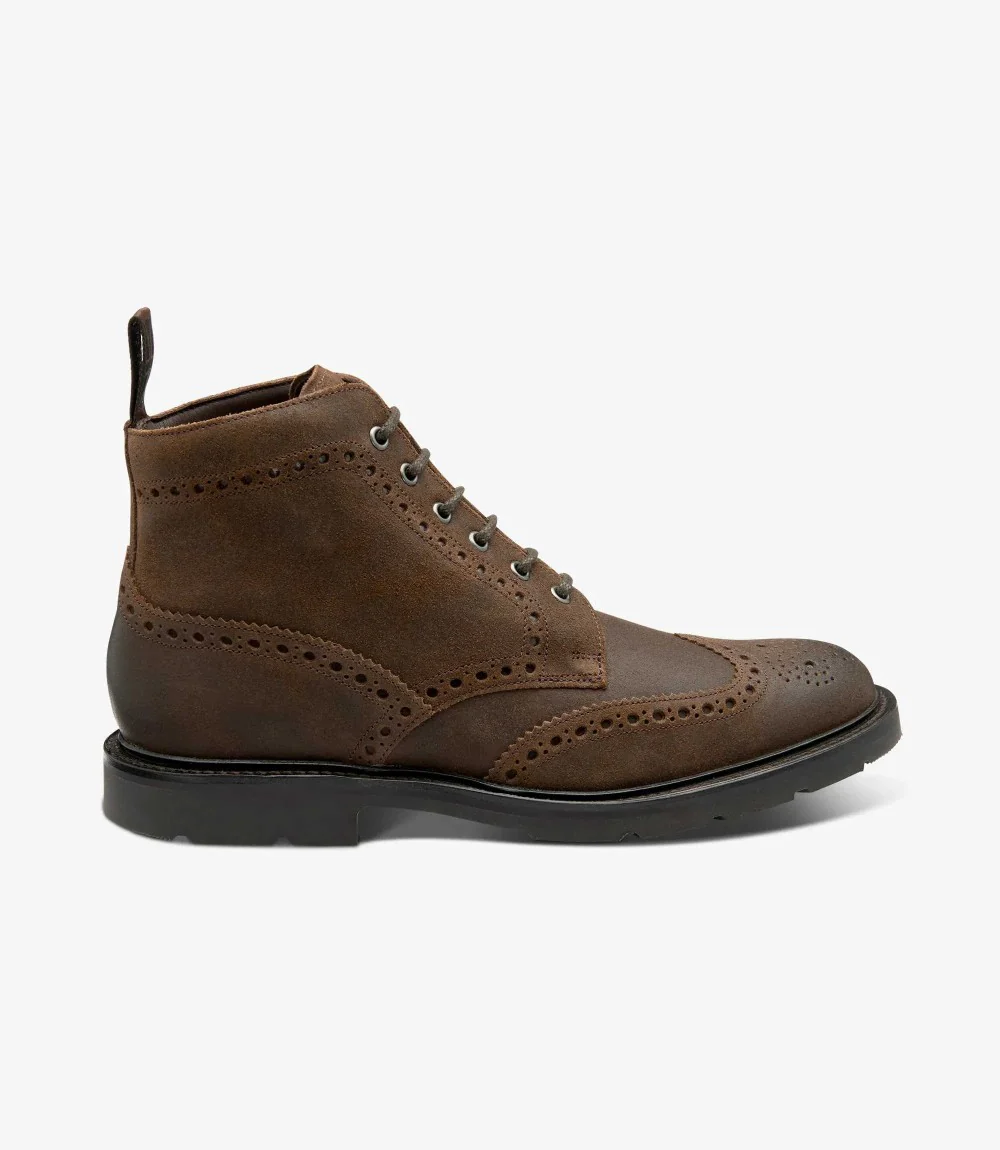 LOAKE BUDE BROWN WAXED SUEDE BROGUE BOOT RUBBER SOLE F-MEDIUM